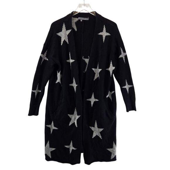 360 Sweater Longline Open Cardigan Sweater Large Wool Cashmere Black Gray Stars - Picture 1 of 9